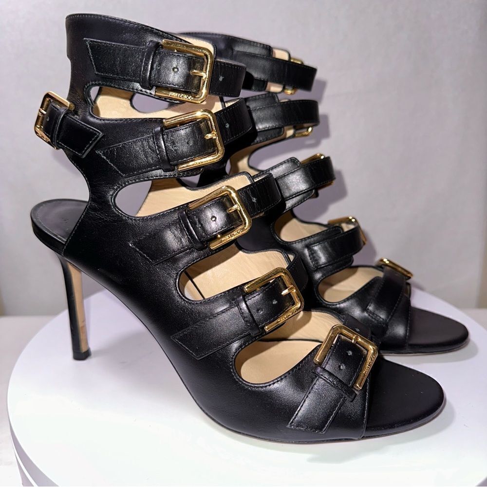 Jimmy Choo Trick Buckle Gladiator Sandals Heels. Size 37. Black leather.